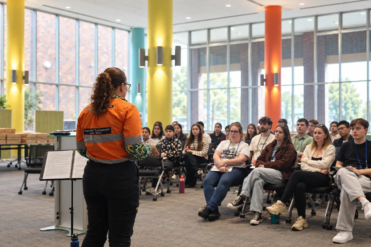 Louise Azzopardi, seen from behind, presenting to a large full audience in a bright room
